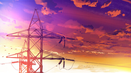 Stunning Anime Style Sunset with Power Transmission Tower 4K Wallpaper