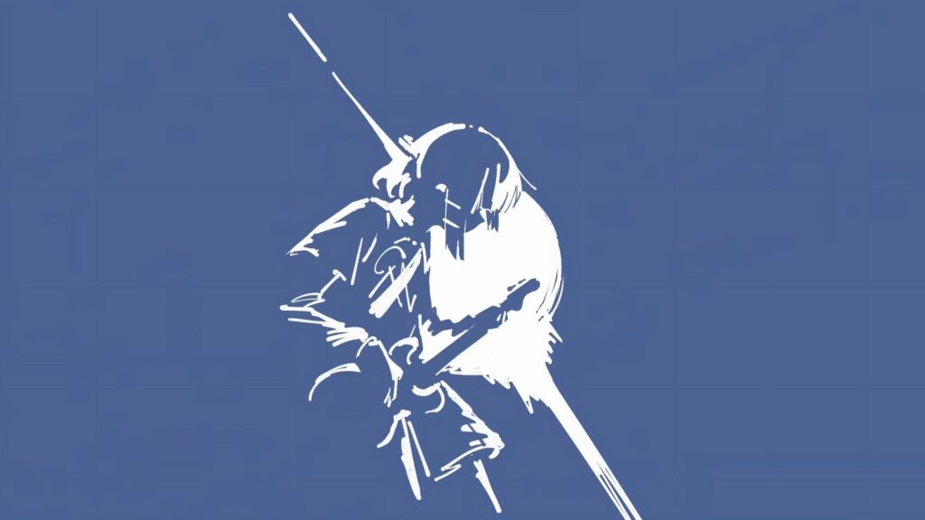 Minimalist Anime Sword Fighter White Silhouette on Blue Background PC Wallpaper