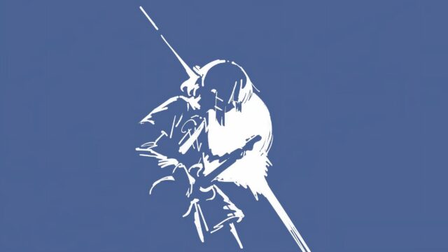 Minimalist Anime Sword Fighter White Silhouette on Blue Background PC Wallpaper
