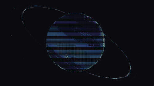 Minimalist ASCII Art Saturn Planet with Rings Blue Tech Desktop Wallpaper