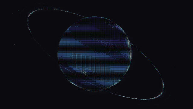Minimalist ASCII Art Saturn Planet with Rings Blue Tech Desktop Wallpaper