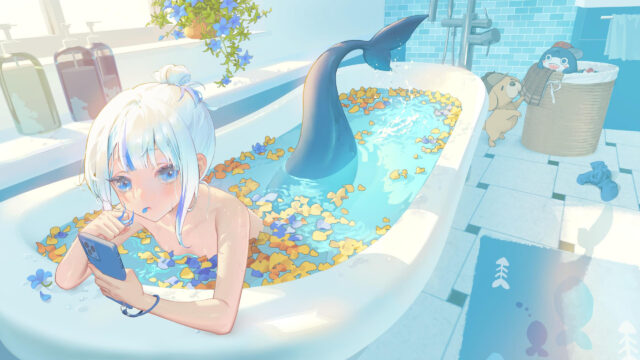 Gawr Gura Relaxing in Bathtub Anime Girl 4K PC Wallpaper