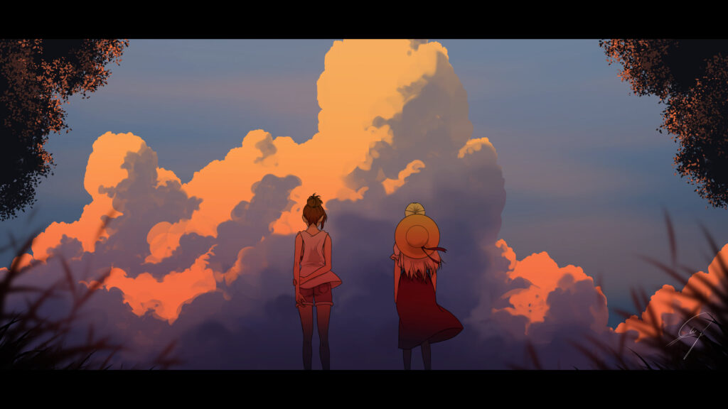 Two Girls Watching a Vibrant Sunset Anime Aesthetic 4K Wallpaper