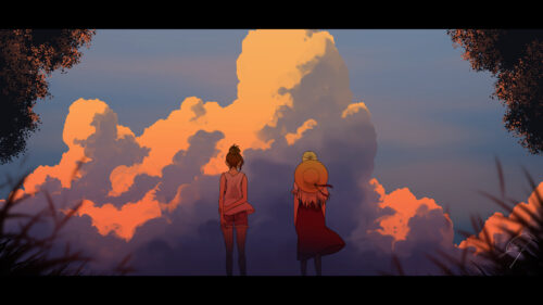 Two Girls Watching a Vibrant Sunset Anime Aesthetic 4K Wallpaper