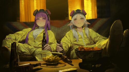 Anime Girls Wearing Yellow Hazmat Suits Chilling and Drinking PC Wallpaper