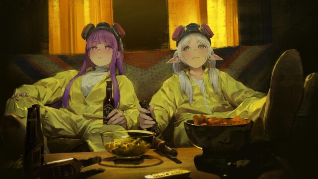 Anime Girls Wearing Yellow Hazmat Suits Chilling and Drinking PC Wallpaper