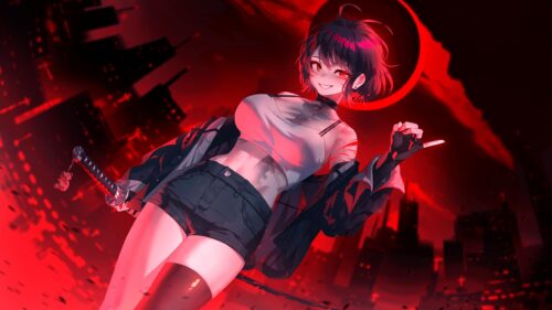 Anime Girl with Katana in Red Cyberpunk City Aesthetic PC Wallpaper