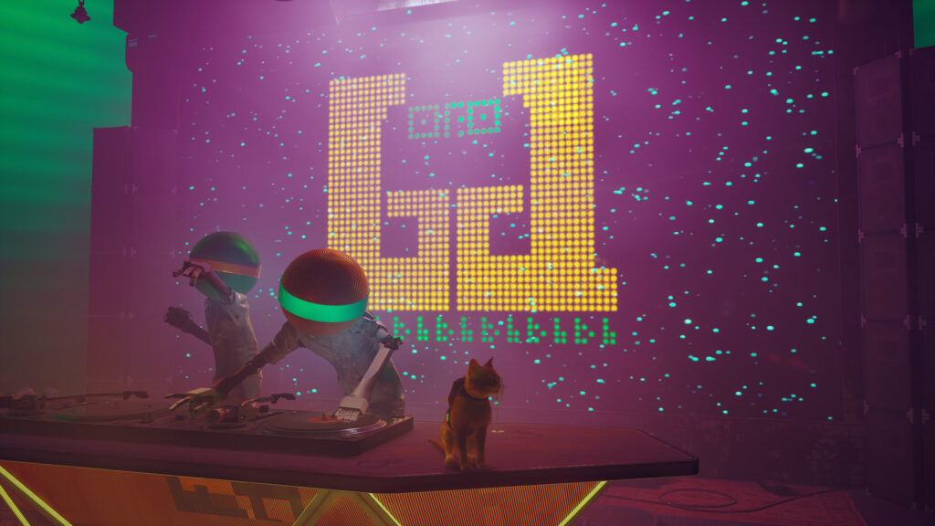 Stray Cat and DJ Robots Neon Nightclub Cyberpunk PC Wallpaper