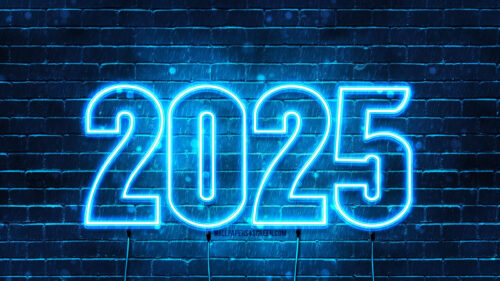 Neon Blue 2025 New Year Sign on Brick Wall Desktop Wallpaper