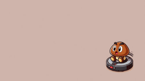 Cute Goomba Riding a Robot Vacuum Minimalist Desktop Wallpaper