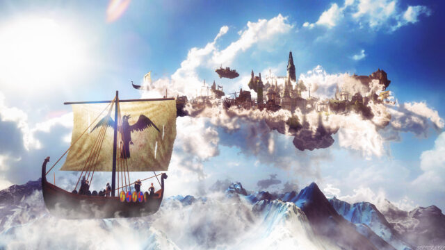 Viking Longship Sailing Towards a Floating Fantasy Kingdom 4K Wallpaper