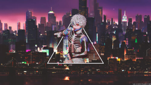 Anime Boy Skeleton Design in Neon City Night 4K PC Wallpaper
