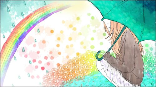 Anime Girl with Umbrella Under a Rainbow and Flowers PC Wallpaper
