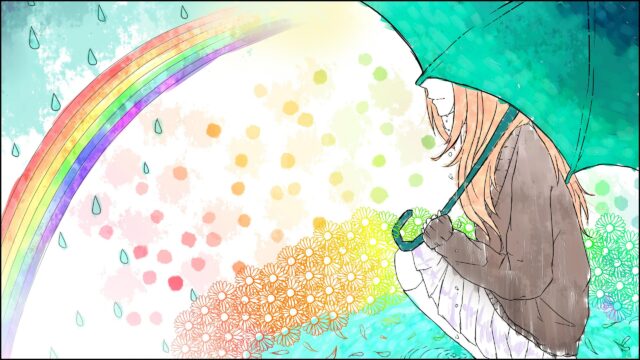 Anime Girl with Umbrella Under a Rainbow and Flowers PC Wallpaper