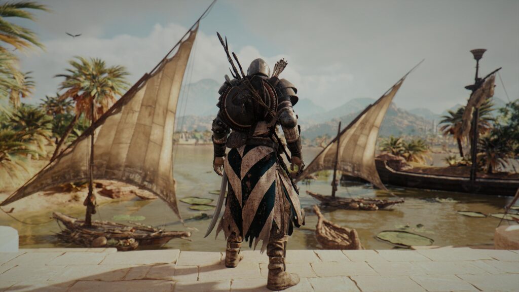 Assassin’s Creed Origins Warrior Standing by the Nile River 4K Wallpaper