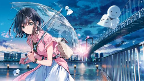 Anime Girl with Transparent Umbrella at Twilight PC Wallpaper