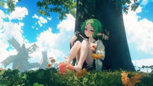 Cute Green Haired Elf Girl Resting Under A Tree Anime PC Wallpaper