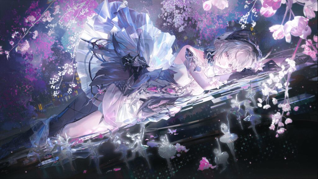Stunning Anime Girl in Ballerina Dress Amidst Cherry Blossoms 4K Wallpaper