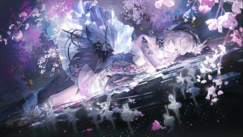 Stunning Anime Girl in Ballerina Dress Amidst Cherry Blossoms 4K Wallpaper