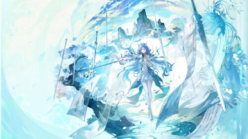 Ethereal Anime Goddess with Blue Hair and Floating Swords Desktop Wallpaper