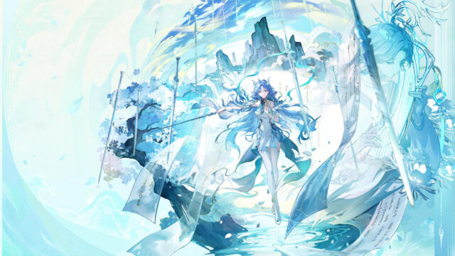 Ethereal Anime Goddess with Blue Hair and Floating Swords Desktop Wallpaper