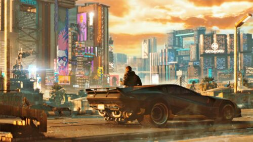 Cyberpunk 2077 Night City Sunset with V and Quadra Turbo-R PC Wallpaper