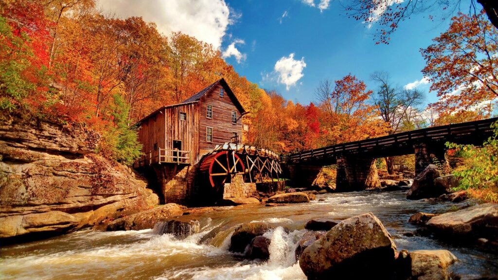 Rustic Autumn Grist Mill by the River PC Wallpaper