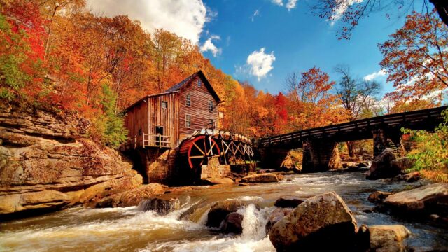 Rustic Autumn Grist Mill by the River PC Wallpaper