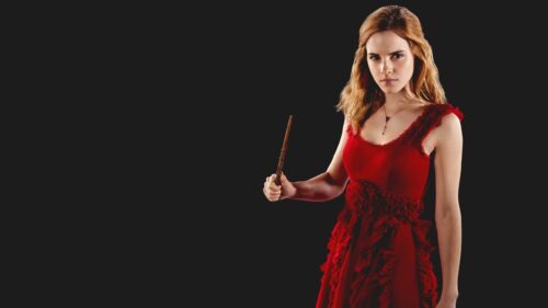 Emma Watson as Hermione Granger in Red Dress Holding Wand PC Wallpaper