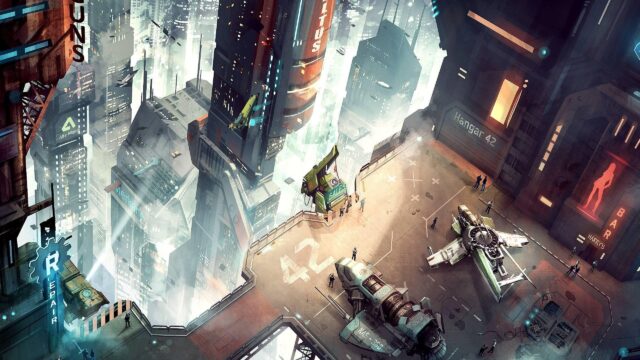 Futuristic Hangar 42 Sci Fi Cityscape Desktop Wallpaper