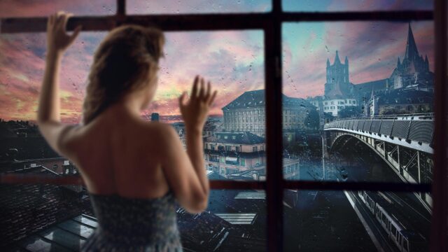 Melancholic Girl Looking Through Rainy Window at Sunset Cityscape PC Wallpaper