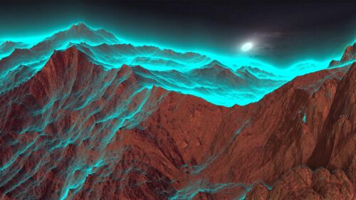 Breathtaking Alien Mountain Landscape with Glowing Cyan Atmosphere 4K Wallpaper