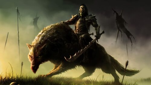 Fierce Orc Warrior Riding a Giant Wolf Battle Scene 4K Wallpaper