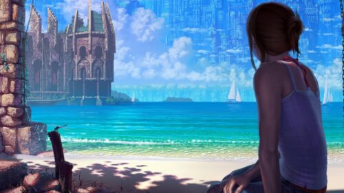 Anime Girl Watching Surreal Floating City over Tropical Ocean PC Wallpaper