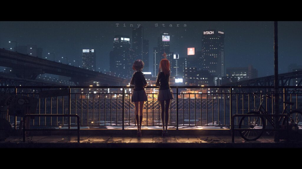 Anime Girls Watching Night City Skyline 4K Desktop Wallpaper