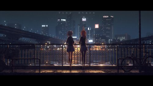 Anime Girls Watching Night City Skyline 4K Desktop Wallpaper
