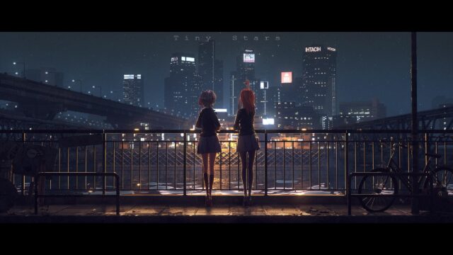 Anime Girls Watching Night City Skyline 4K Desktop Wallpaper