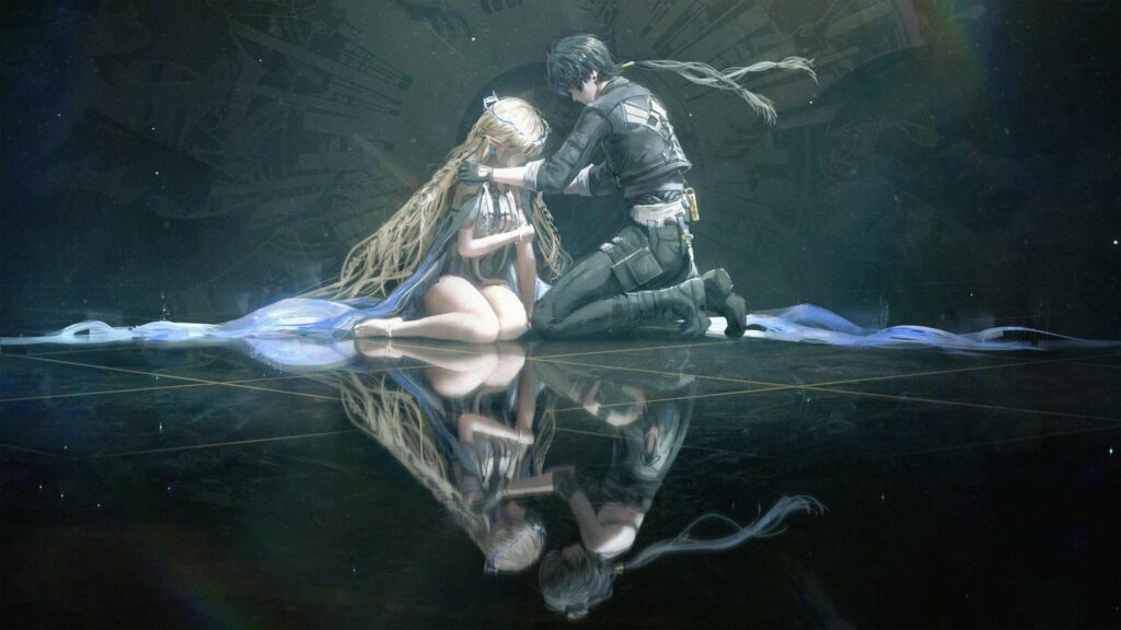 Emotional Anime Couple Kneeling in Reflection High Resolution PC Wallpaper