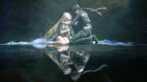 Emotional Anime Couple Kneeling in Reflection High Resolution PC Wallpaper