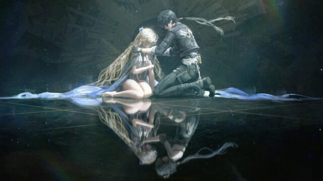 Emotional Anime Couple Kneeling in Reflection High Resolution PC Wallpaper