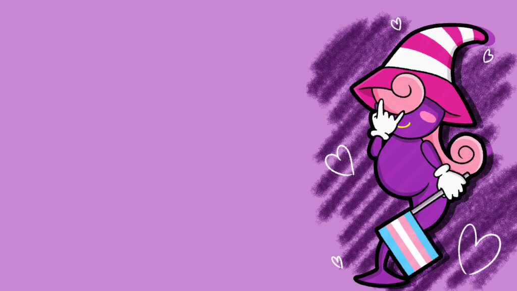 Cute Cartoon Character Holding Trans Pride Flag Purple Aesthetic 4K Wallpaper