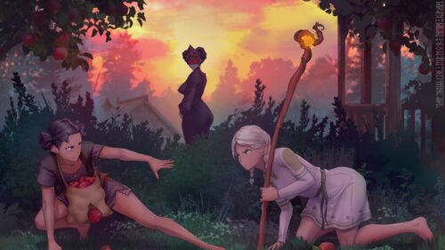 Fantasy Anime Girls in Apple Orchard with Mysterious Figure 4K PC Wallpaper