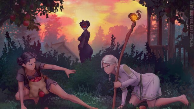 Fantasy Anime Girls in Apple Orchard with Mysterious Figure 4K PC Wallpaper