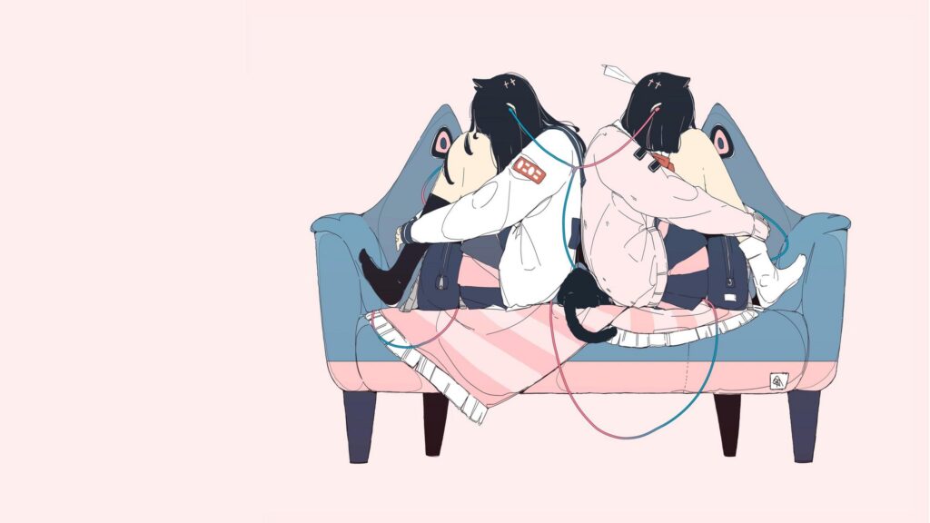 Anime Girls Sitting Back to Back on Couch Aesthetic PC Wallpaper