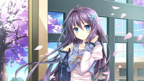 Beautiful Anime Girl with Purple Hair and Cherry Blossoms Desktop Wallpaper