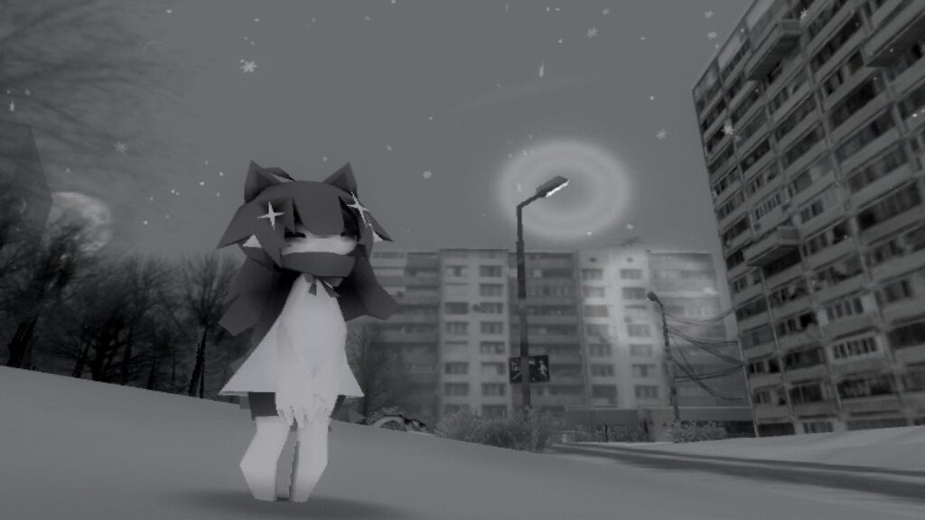 Sad Anime Cat Girl in Snowy Grey Cityscape PC Wallpaper