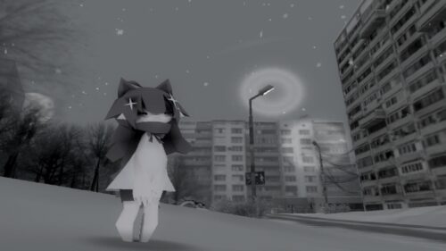 Sad Anime Cat Girl in Snowy Grey Cityscape PC Wallpaper