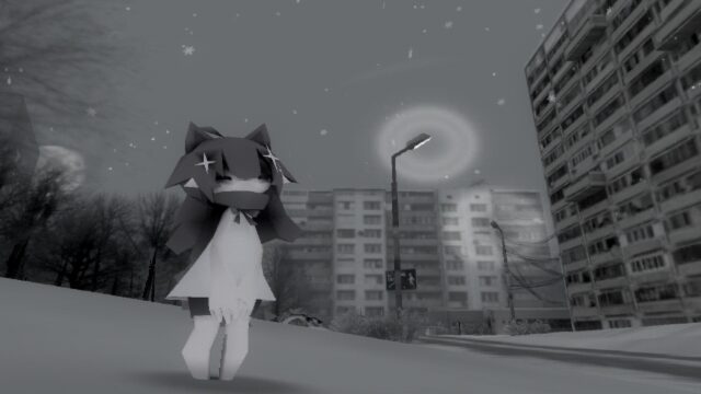 Sad Anime Cat Girl in Snowy Grey Cityscape PC Wallpaper