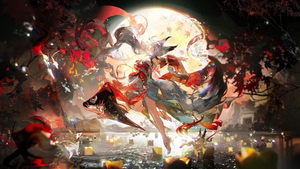 Beautiful Anime Kitsune Girl Under the Full Moon Fantasy PC Wallpaper
