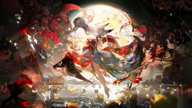 Beautiful Anime Kitsune Girl Under the Full Moon Fantasy PC Wallpaper